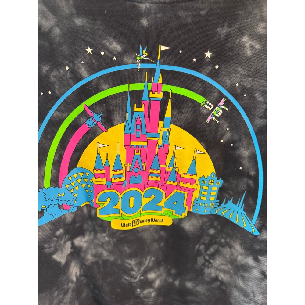 Disney World 2024 Tie Dye Sweatshirt Black Grey Acid Wash Castle Neon Small - Picture 3 of 7